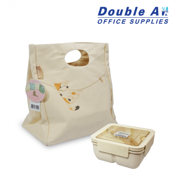 ชุดกล่องข้าว พร้อมกระเป๋า Neko 24.5x14.5x27.5 cm. ลายแมว Kamo Cream