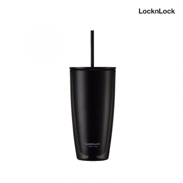 LocknLock แก้วน้ำพลาสติก 2 ชั้นพร้อมหลอด Double Wall Cold Cup รุ่น HAP507 สีดำ