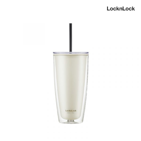 LocknLock แก้วน้ำพลาสติก 2 ชั้นพร้อมหลอด Double Wall Cold Cup รุ่น HAP507 สีงาช้าง