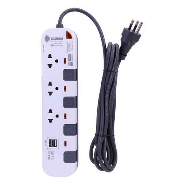 Toshino รางปลั๊กไฟ 3 ช่อง 4 สวิตซ์ 2 USB ยาว 3 เมตร สีขาว-เทา รุ่น P3375USB-3M WG