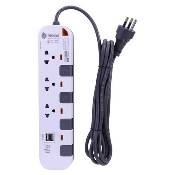 Toshino รางปลั๊กไฟ 3 ช่อง 4 สวิตซ์ 2 USB ยาว 5 เมตร สีขาว-เทา รุ่น P3375USB-5M WG
