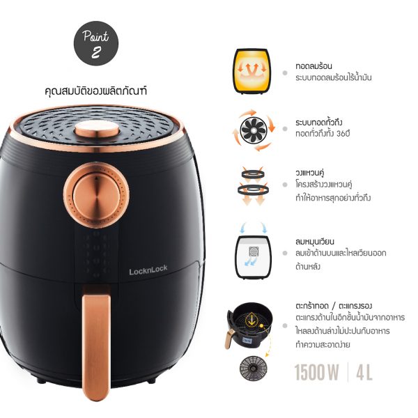 LocknLock หม้อทอดไร้น้ำมัน Air Fryer Analog 4 ลิตร รุ่น EJF176BLK สีดำ - Image 4