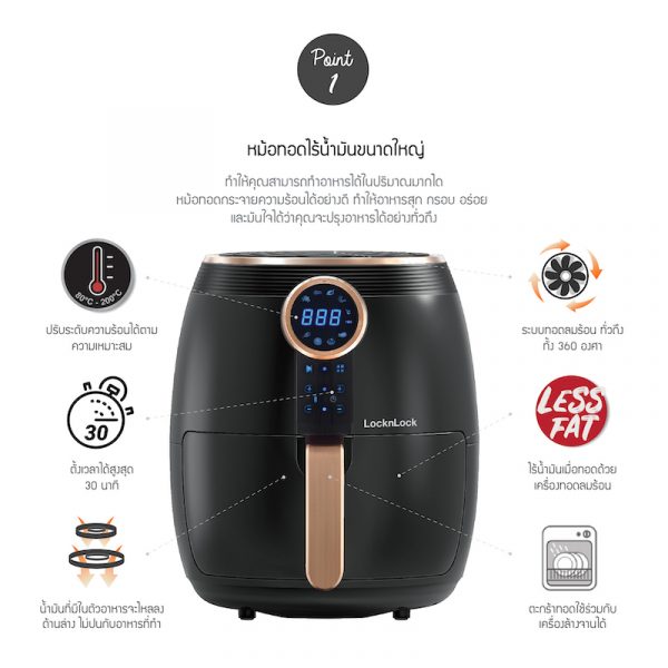 LocknLock หม้อทอดไร้น้ำมัน Air Fryer Digital 4 ลิตร รุ่น EJF376BLK สีดำ - Image 3