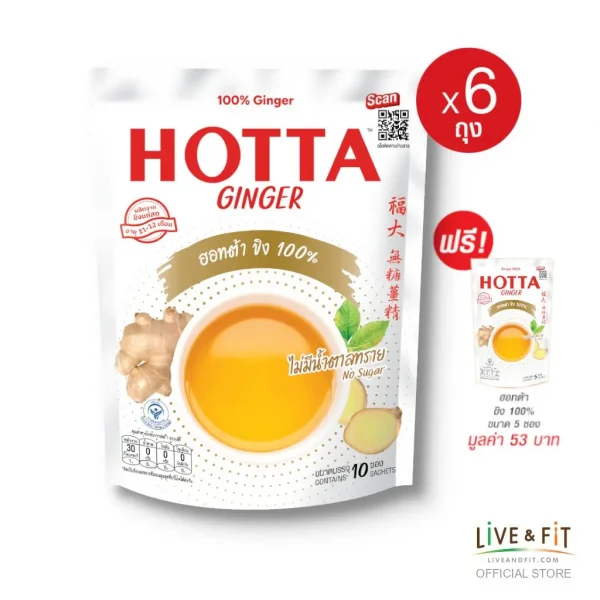 HOTTA น้ำขิงฮอทต้า ขิงผง 100% ไม่มีน้ำตาลทราย ขนาด 10 ซอง 6 ถุง