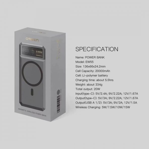 PowerBank Eloop EW55 Magnetic & Wireless แบตเตอรี่สำรองไร้สายระบบแม่เหล็ก ความจุ 20,00mAh - Image 2