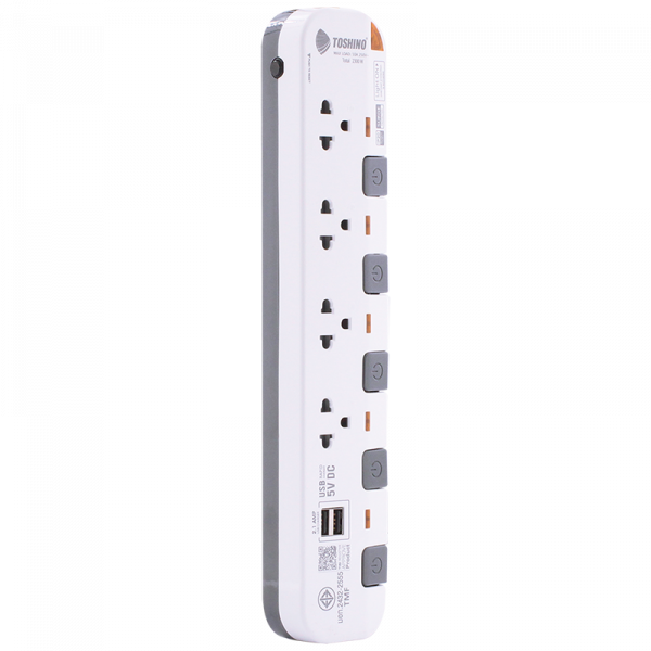 Toshino รางปลั๊กไฟ 4 ช่อง 5 สวิตซ์ 2 USB ยาว 3 เมตร สีขาว-เทา รุ่น P4375USB-3M WG