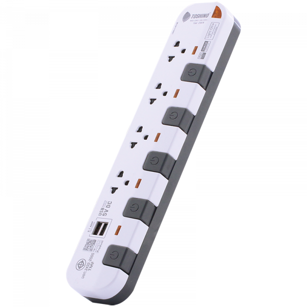 Toshino รางปลั๊กไฟ 4 ช่อง 5 สวิตซ์ 2 USB ยาว 5 เมตร สีขาว-เทา รุ่น P4375USB-5M WG - Image 2