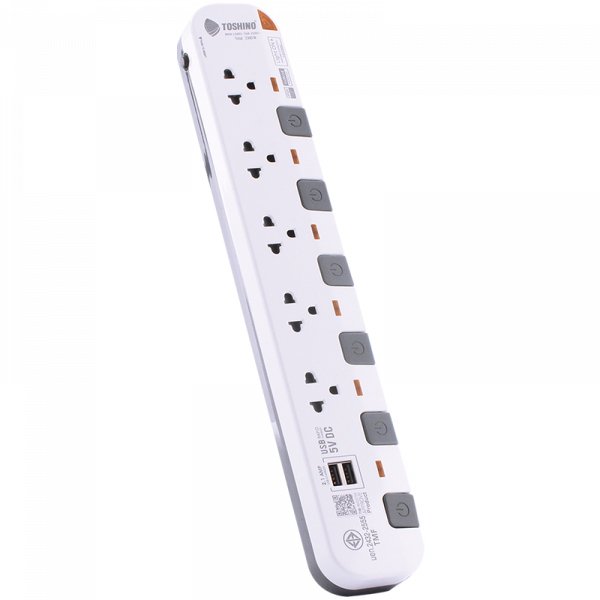 Toshino รางปลั๊กไฟ 5 ช่อง 6 สวิตซ์ 2 USB ยาว 3 เมตร สีขาว-เทา รุ่น P5375USB-3M WG - Image 2