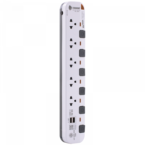 Toshino รางปลั๊กไฟ 5 ช่อง 6 สวิตซ์ 2 USB ยาว 5 เมตร สีขาว-เทา รุ่น P5375USB-5M WG