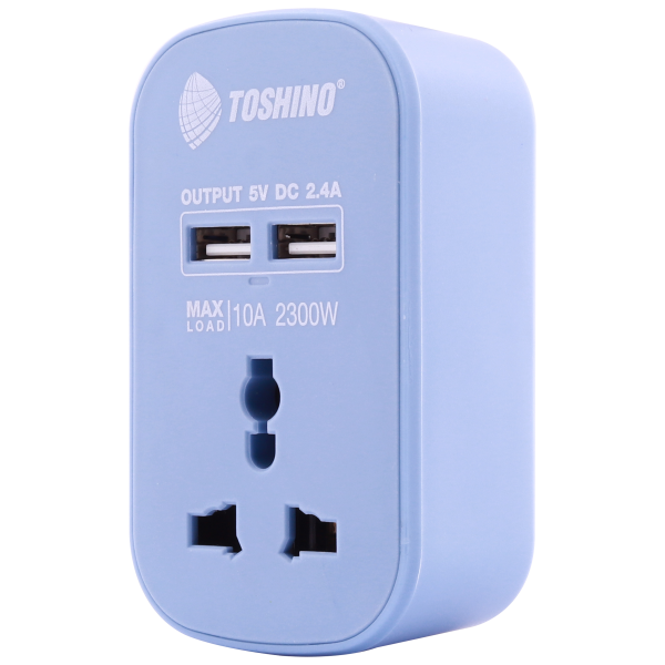 Toshino ปลั๊กแปลงขาแบน+2 USB 2.4A (10A) สีฟ้า รุ่น PU-10AB - Image 2