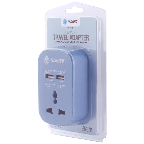 Toshino ปลั๊กแปลงขาแบน+2 USB 2.4A (10A) สีฟ้า รุ่น PU-10AB