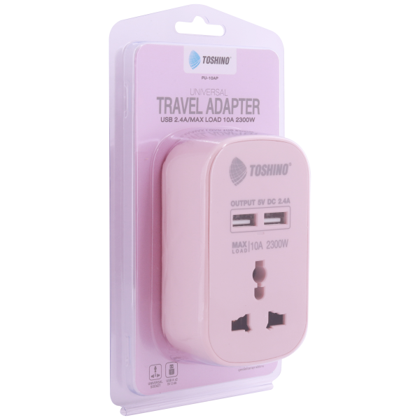 Toshino ปลั๊กแปลงขาแบน+2 USB 2.4A (10A) สีชมพู รุ่น PU-10AP