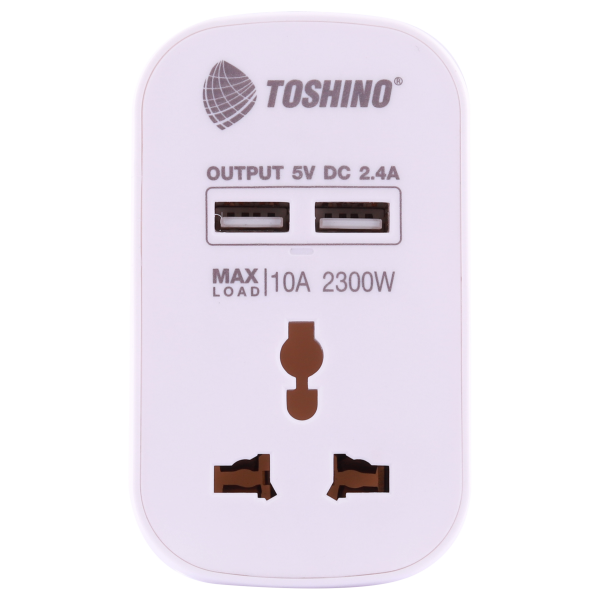 Toshino ปลั๊กแปลงขาแบน+2 USB 2.4A (10A) สีขาว รุ่น PU-10AW - Image 2