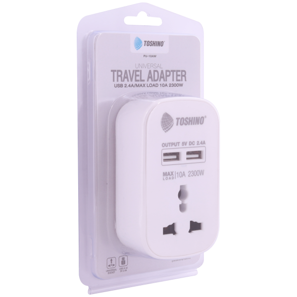 Toshino ปลั๊กแปลงขาแบน+2 USB 2.4A (10A) สีขาว รุ่น PU-10AW