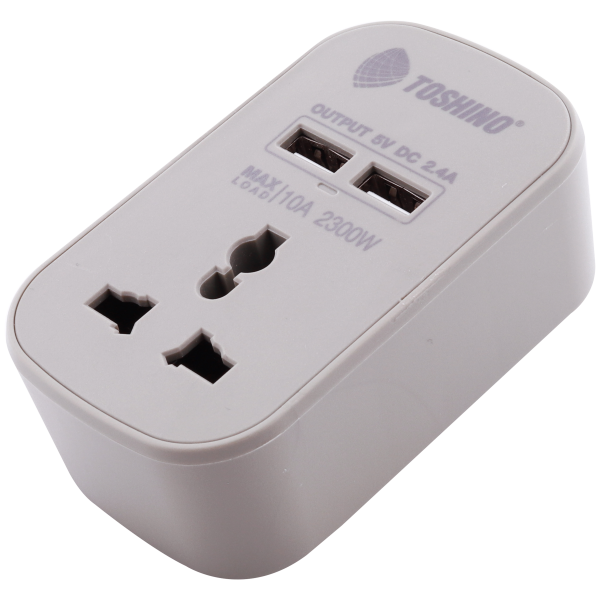Toshino ปลั๊กแปลงขาแบน+2 USB 2.4A (10A) สีเทา รุ่น PU-10AG - Image 2