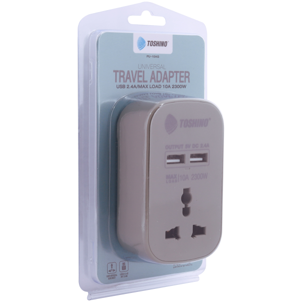 Toshino ปลั๊กแปลงขาแบน+2 USB 2.4A (10A) สีเทา รุ่น PU-10AG