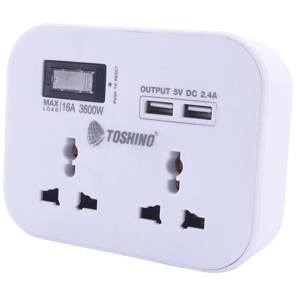 Toshino ปลั๊กแปลง 2 ช่อง+2 USB(2.4A) มีสวิตช์ 3600W รุ่น PU-16A