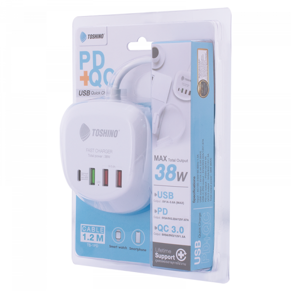 Toshino ปลั๊ก PD+QC 20W,2USB(3.6A) สาย 1.2 เมตร รุ่น TS-1PD