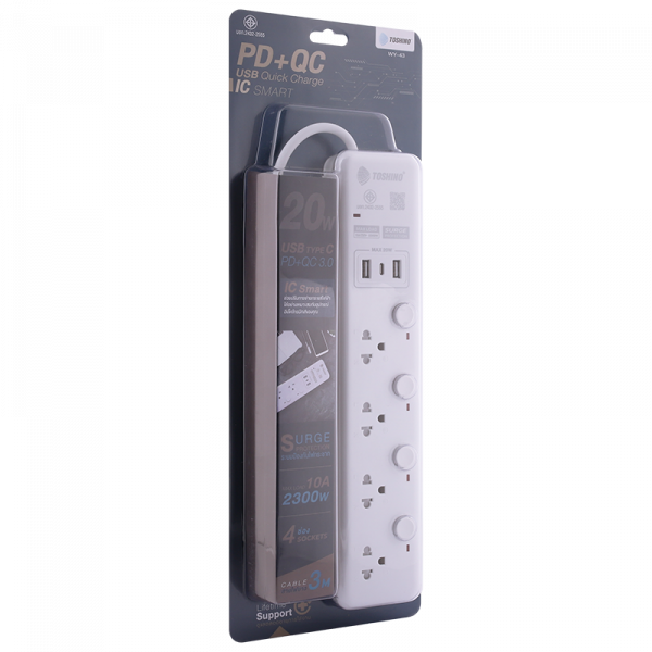 Toshino รางปลั๊กไฟ 4 ช่อง + 2 USB 1 Type C 4 สวิตช์ ยาว 3 เมตร รุ่น WY-43
