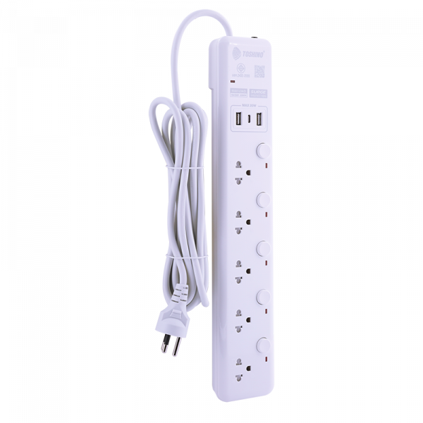 Toshino รางปลั๊กไฟ 5 ช่อง + 2 USB 1 Type C 5 สวิตช์ ยาว 3 เมตร รุ่น WY-53 - Image 2