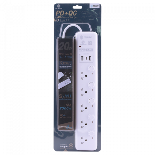 Toshino รางปลั๊กไฟ 5 ช่อง + 2 USB 1 Type C 5 สวิตช์ ยาว 3 เมตร รุ่น WY-53