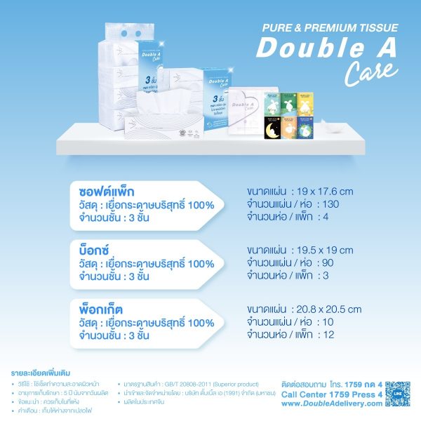 [ 3แพ็ก] Double A Care เพียว & พรีเมียมทิชชู หนา 3 ชั้น แบบซอฟท์แพ็ก 130แผ่น/ห่อ ( แพ็ก 4 ห่อ) - Image 7