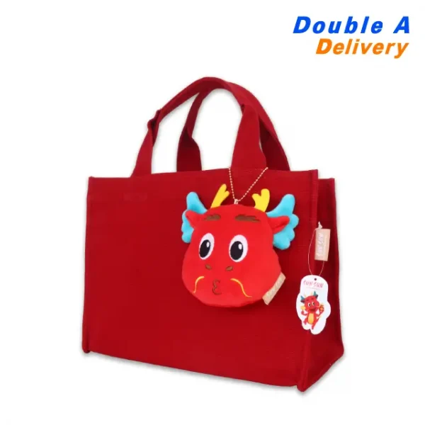 กระเป๋าผ้า Tote Bag ลาย Sun Sun Lucky dragon (สีแดง) - Image 3