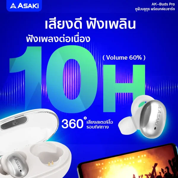 Asaki หูฟังบลูทูธพร้อมกล่องชาร์จ AK-Buds Pro สีขาว - Image 2