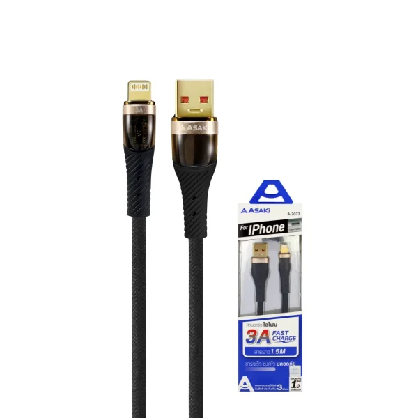 Asaki Charging Cable 3A Fast Charge สายชาร์จ&โอนย้ายข้อมูล ระบบ iP ชาร์จเร็ว สายถัก ยืดหยุ่น รุ่น A-2077 -สีดำ