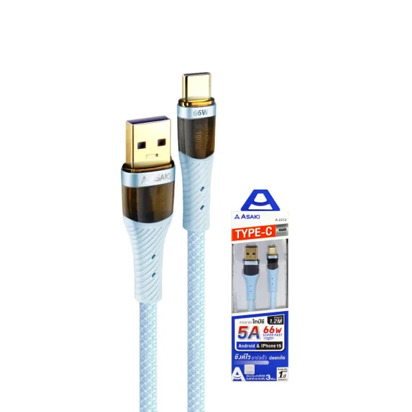 Asaki TYPE-C Cable 5A(66W) Fast Charge สายชาร์จไทป์ซี สายชาร์จ&ซิงค์ข้อมูล รองรับ 2 ระบบ ชาร์จเร็ว รุ่น A-2312– สีฟ้า - Image 2
