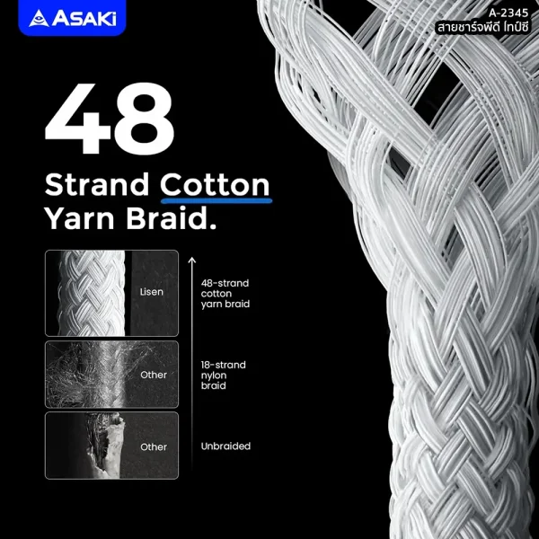 Asaki สายชาร์จ TYPE-C to TYPE-C 3A(60W) สายชาร์จไทป์ซี ชาร์จเร็ว รองรับ 2 ระบบ สายยาว 1.5ม. สายถัก รุ่น A-2345 - Image 7