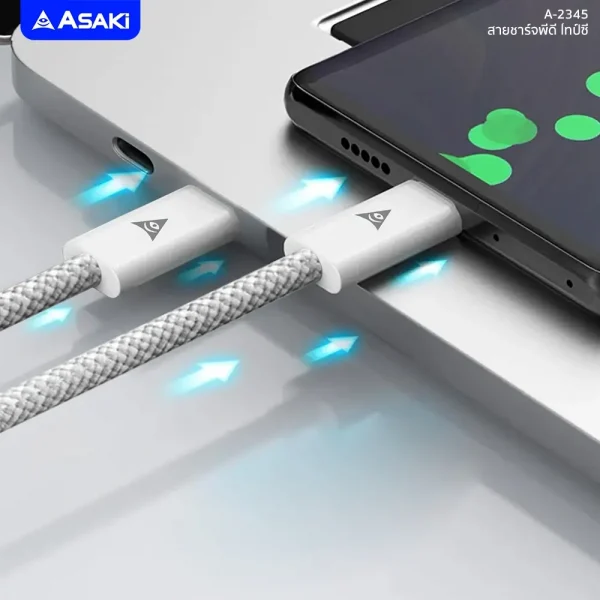 Asaki สายชาร์จ TYPE-C to TYPE-C 3A(60W) สายชาร์จไทป์ซี ชาร์จเร็ว รองรับ 2 ระบบ สายยาว 1.5ม. สายถัก รุ่น A-2345 - Image 6