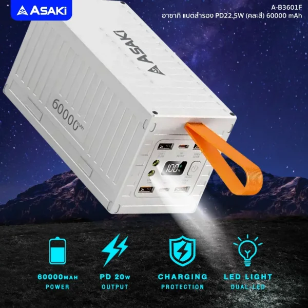 Asaki Power Bank 60000 mAh. Fast Charge 22.5W พาวเวอร์แบงค์ มี มอก.ชาร์จเร็ว USB 4 ช่อง รุ่น A-B3601F สีขาว - Image 3