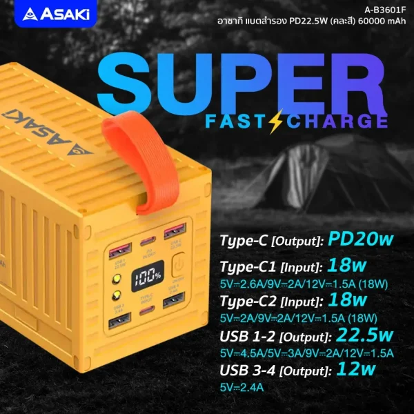 Asaki Power Bank 60000 mAh. Fast Charge 22.5W พาวเวอร์แบงค์ มี มอก.ชาร์จเร็ว USB 4 ช่อง รุ่น A-B3601F สีเหลือง - Image 5