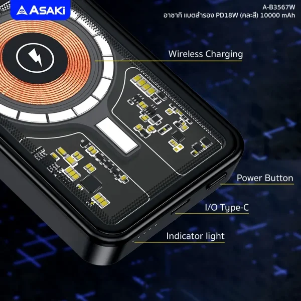 Asaki Power Bank Magnetic Wireless Charge 10000 mAh.ชาร์จเร็ว มี มอก. พาวเวอร์แบงค์ เเบตเตอรี่สำรอง รุ่น A-B3567w -สีดำ - Image 5
