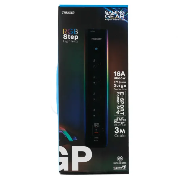 Toshino รางปลั๊ก RGB 4 ช่อง PD20W+QC3.0+1USB 3.4A 1 สวิตช์ 3 ม.GP-43M - Image 4