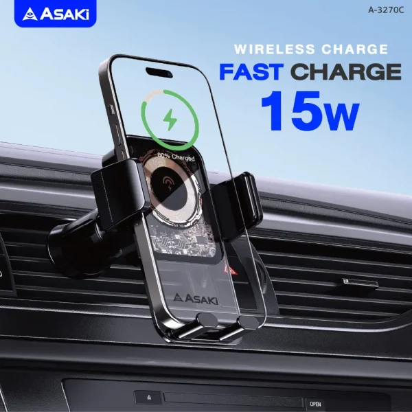 Asaki Car Holder Clamping ที่ชาร์จไร้สายในรถ ที่วางโทรศัพท์ในรถ แท่นชาร์จไร้สาย 2 in 1รุ่น A-3270C - Image 5