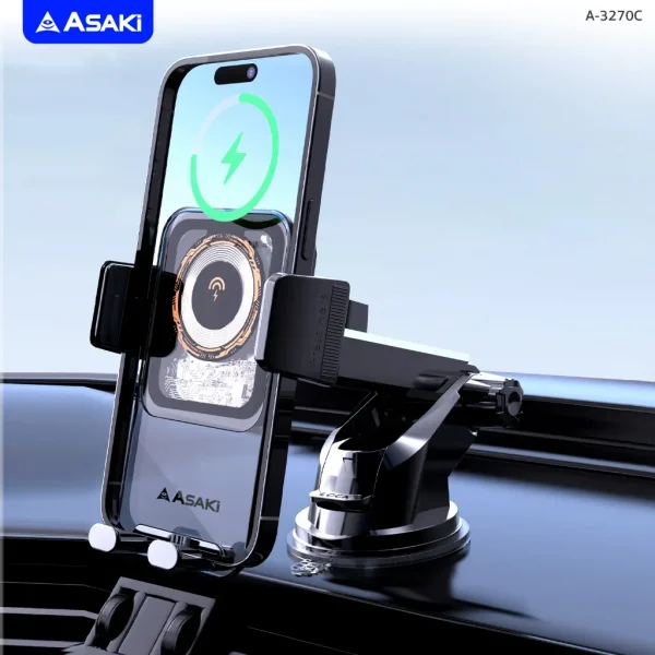 Asaki Car Holder Clamping ที่ชาร์จไร้สายในรถ ที่วางโทรศัพท์ในรถ แท่นชาร์จไร้สาย 2 in 1รุ่น A-3270C - Image 2