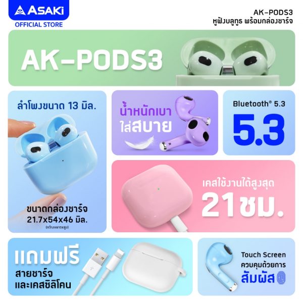 Asaki Bluetooth Earphone หูฟังบลูทูธ หูฟังไร้สาย TWS BT5.0 เบสหนัก รุ่น AK-PODS3-สีฟ้า - Image 2