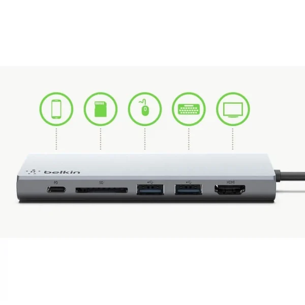 Belkin F4U092 ฮับ USB-C 6-in-1 สำหรับ Macbook, iPad Pro และคอมพิวเตอร์รุ่นที่มีพอร์ต USB-C ให้สัญญาณภาพ 4K @30Hz - Image 2