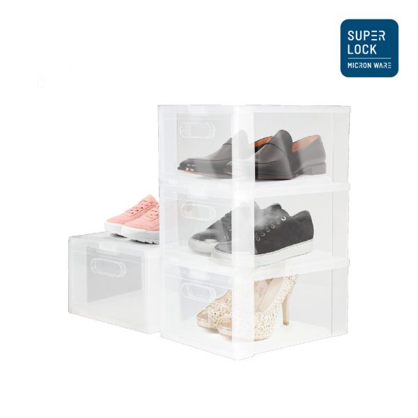Super Lock กล่องรองเท้า แพ็ก 4 กล่อง รุ่น Super Box 5657 พลาสติกแข็ง เปิดฝาหน้า ซ้อนได้ ใส่รองเท้าหุ้มส้น ส้นสูงได้