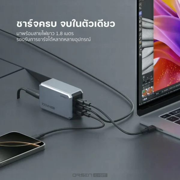 Eloop C102T GaN Charger 100W หัวชาร์จ PD QC PPS Type C ชาร์จเร็ว adapter notebook มอก. - Image 3