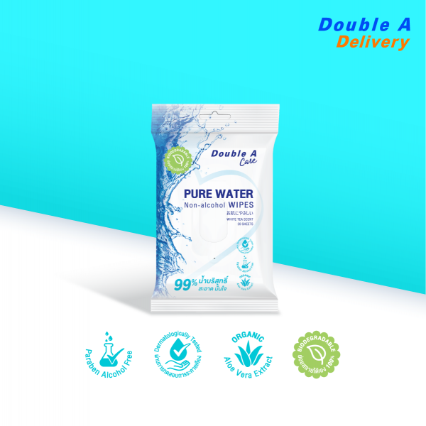 ผ้าเช็ดทำความสะอาดผิวสูตรอ่อนโยน Double A Care Pure Water Wipes กลิ่นชาขาว บรรจุ 20 แผ่น/แพ็ก