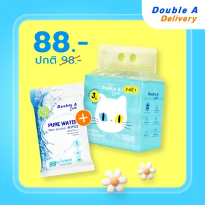 เพียว & พรีเมียมทิชชู หนา 3 ชั้น แบบทราเวลแพ็ก 60แผ่น/ห่อ ลายบ้านแมว + ทิชชูเปียก กลิ่นชาขาว