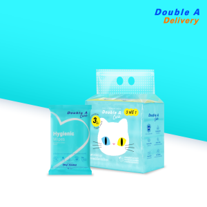 เซต [ทิชชูทราเวลแพ็กลายบ้านแมว 1 แพ็ก + ทิชชูเปียก แอลกอฮอล์ 1 ชิ้น] Double A Care