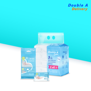 เซต [ทิชชูทราเวลแพ็กลายโลโก้ 1 แพ็ก + เบบี้ ไวพส์ เพียว วอเตอร์ บรรจุ 10 แผ่น/แพ็ก (แพ็ก 4) 1 ชิ้น] Double A Care