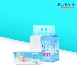 เซต [ทิชชูทราเวลแพ็กลายโลโก้ 1 แพ็ก + เบบี้ ไวพส์ เพียว วอเตอร์ บรรจุ 80 แผ่น/แพ็ก 1 ชิ้น] Double A Care