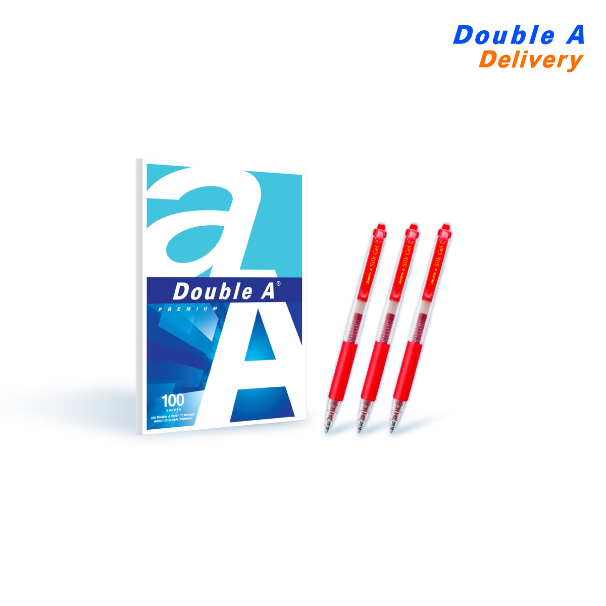 เซต กระดาษ 80 แกรม 100 แผ่น คู่กับ ปากกาเจล Double A Gel Pen 0.7 mm. สีแดง 3 ด้าม