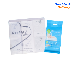 Double A เซต [ทิชชูมินิ Logo 1 แพ็ก คู่กับ เบบี้ ไวพส์ เพียว วอเตอร์ (แพ็ก 4)]